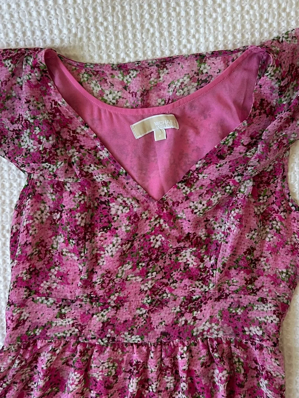 Michael Kors Pink Floral Ruffle-Trim Dress